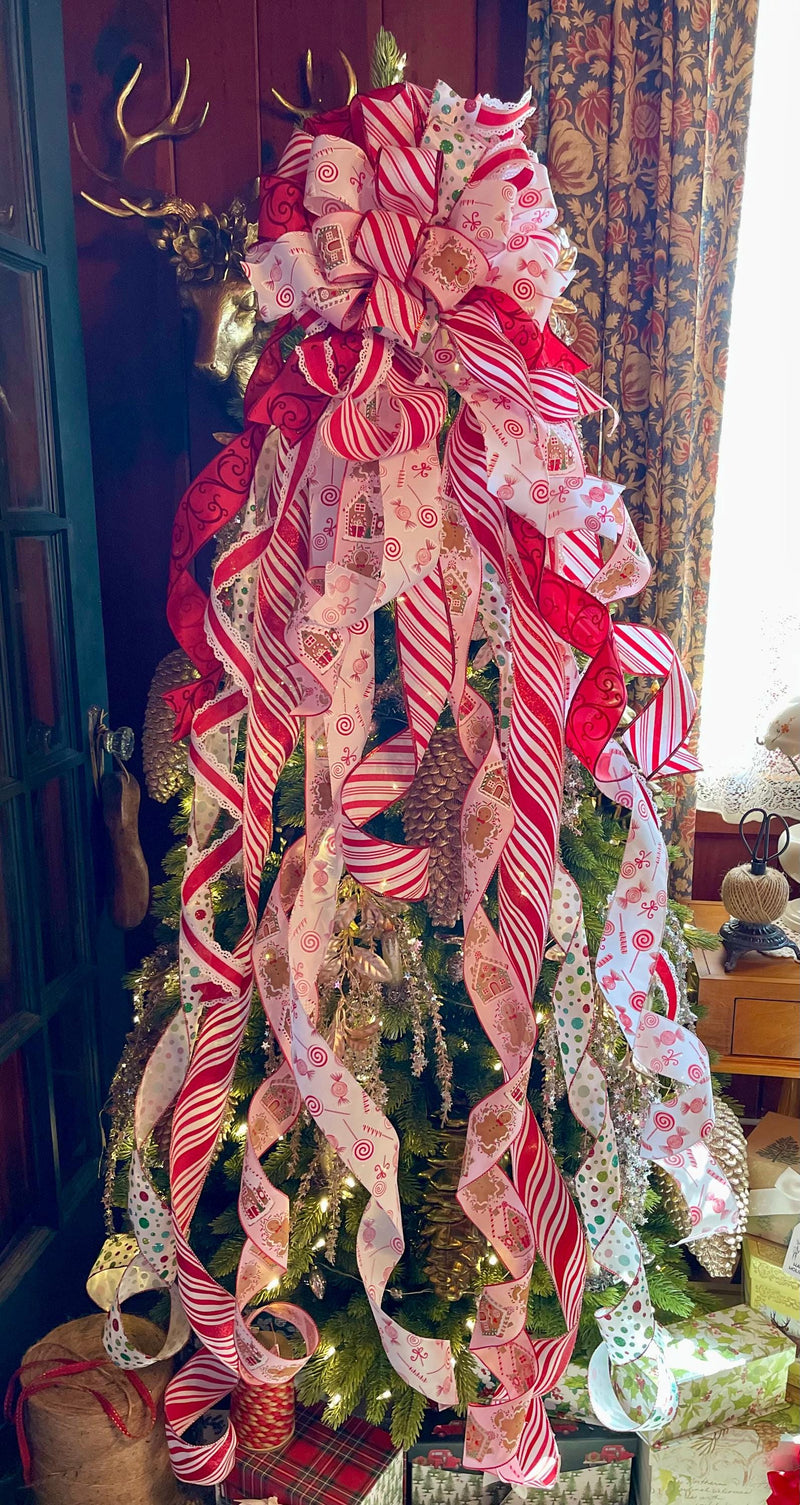 The Elodie Red White & Pink Christmas Tree Topper Bow