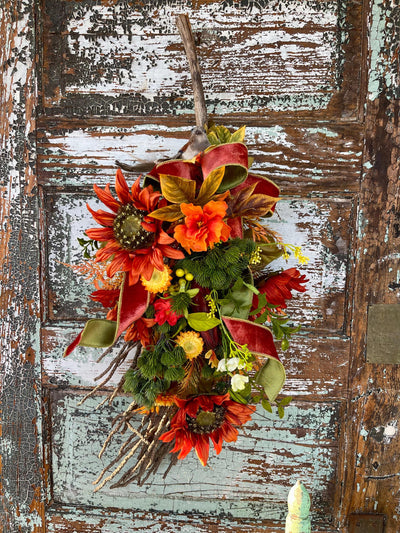 The Aurelia Fall Swag For Front Door, Autumn country cottage wreath, Farmhouse swag, unique door wreath, Orange & yellow fall floral swag