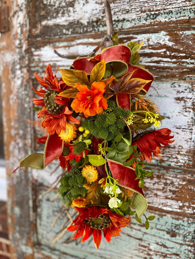 The Aurelia Fall Swag For Front Door, Autumn country cottage wreath, Farmhouse swag, unique door wreath, Orange & yellow fall floral swag