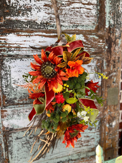 The Aurelia Fall Swag For Front Door, Autumn country cottage wreath, Farmhouse swag, unique door wreath, Orange & yellow fall floral swag