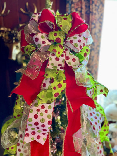 The Jolly Red White & Lime Green Christmas Tree Topper Bow