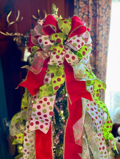 The Jolly Red White & Lime Green Christmas Tree Topper Bow