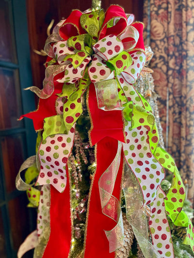 The Jolly Red White & Lime Green Christmas Tree Topper Bow