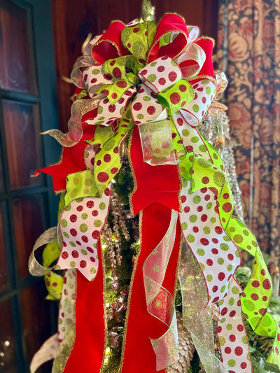 The Jolly Red White & Lime Green Christmas Tree Topper Bow