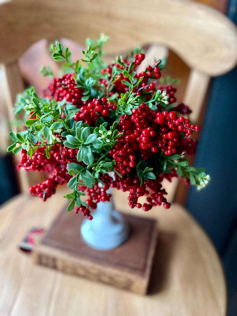 The Evie Red Berry & Boxwood Floral arrangement