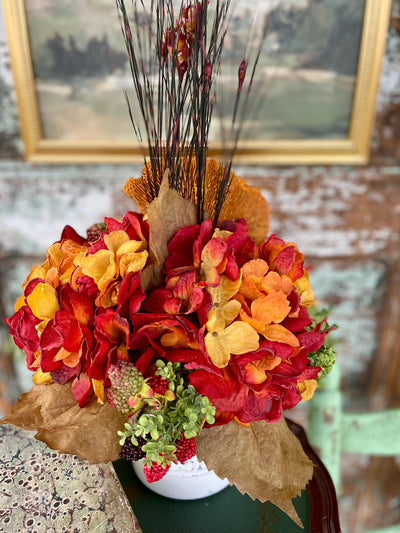 The Jessie Fall Rustic Centerpiece For Table, orange & yellow fall arrangement, Wildflower Rustic arrangement, hydrangea autumn centerpiece