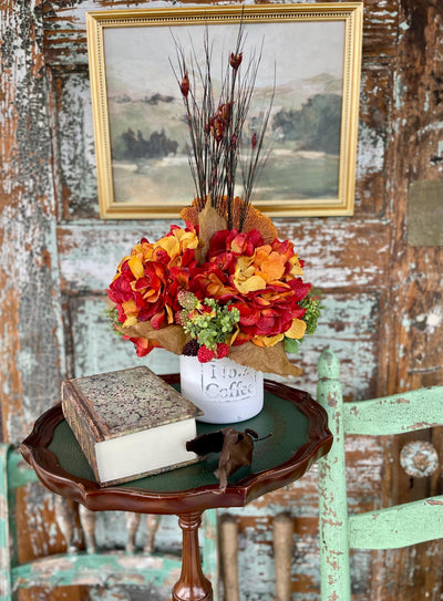 The Jessie Fall Rustic Centerpiece For Table, orange & yellow fall arrangement, Wildflower Rustic arrangement, hydrangea autumn centerpiece