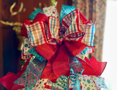 The Yuletide Red Blue & White Christmas Tree Topper Bow