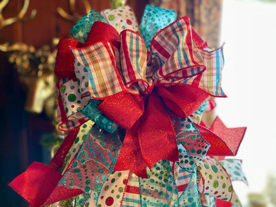 The Yuletide Red Blue & White Christmas Tree Topper Bow
