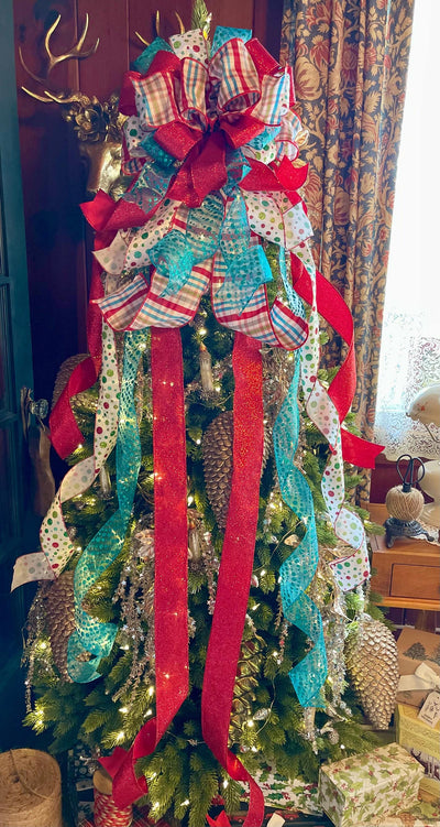 The Yuletide Red & Blue Christmas Tree Topper Bow