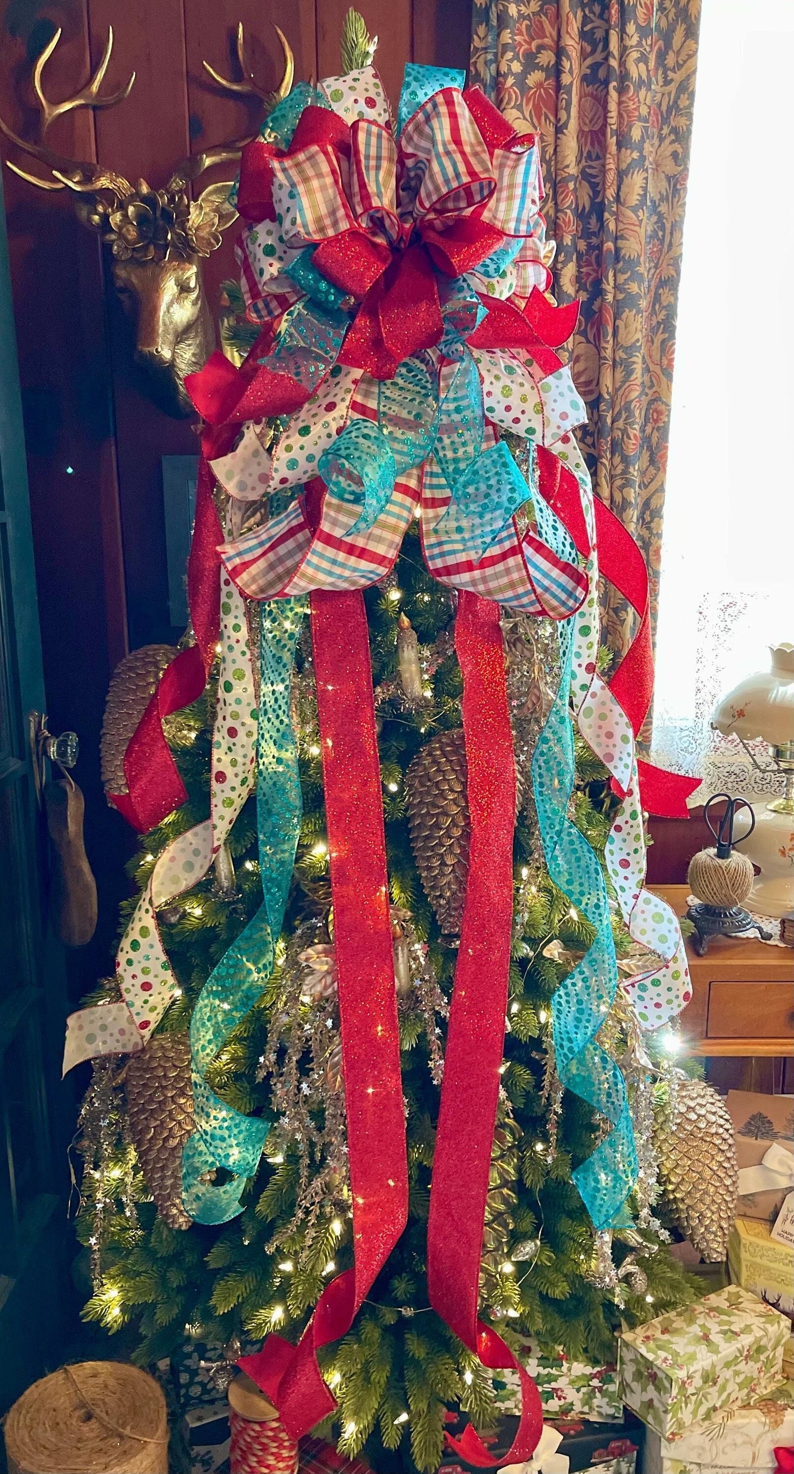 The Yuletide Red & Blue Christmas Tree Topper Bow