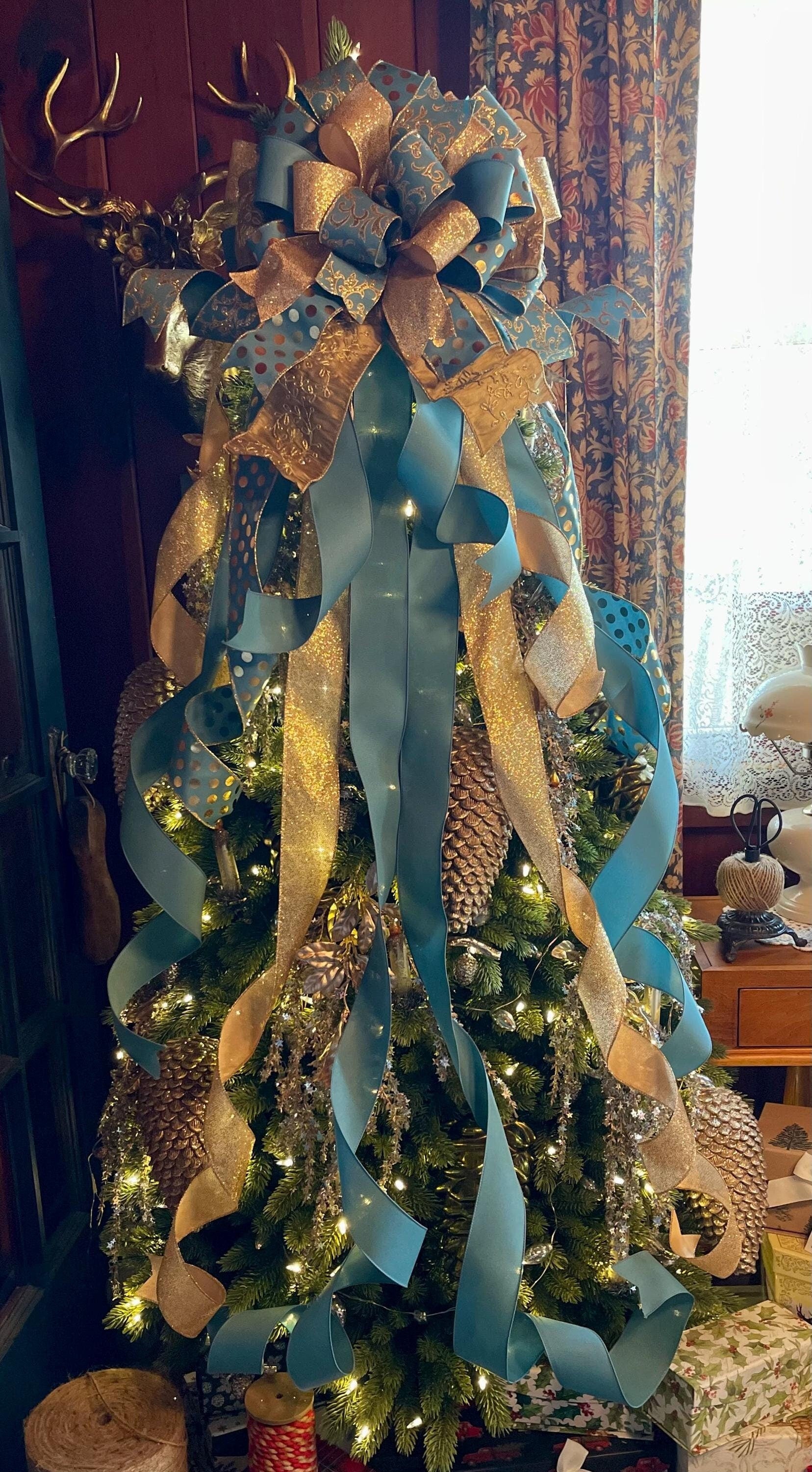 The Cyan Smoke Blue & Gold Christmas Tree Topper Bow, Luxury Bow, Xmas bow, blue bow for tree, ribbon topper, cottage tree trimming bow