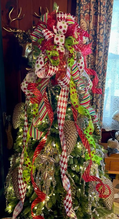 The Odessa Red & Green polka dot Christmas Tree Topper Bow