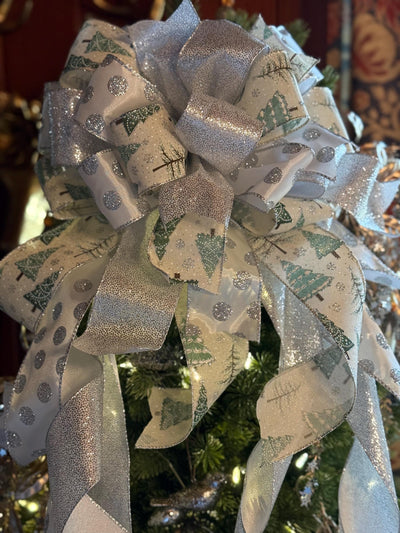 The Sylvia Silver Sage Green & White Christmas Tree Topper Bow