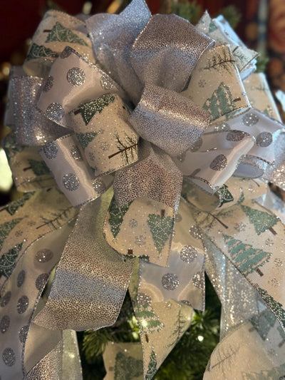 The Sylvia Silver Sage Green & White Christmas Tree Topper Bow