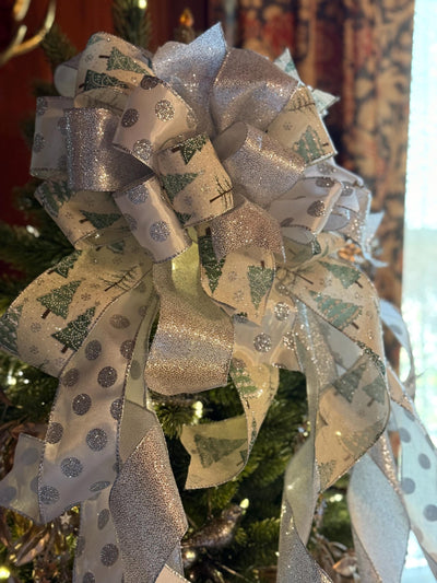 The Sylvia Silver Sage Green & White Christmas Tree Topper Bow