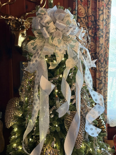 The Sylvia Silver Sage Green & White Christmas Tree Topper Bow