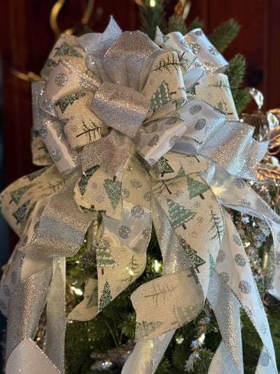 The Sylvia Silver Sage Green & White Christmas Tree Topper Bow