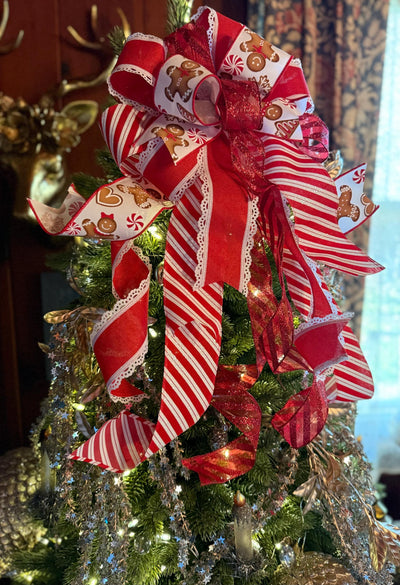 The Ruthie Red & White Gingerbread Christmas Bow, Tree Topper Bow, luxury bow, Christmas tree bow, tree trimming, candy cane ribbon topper