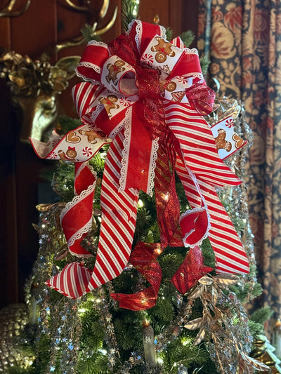 The Ruthie Red & White Gingerbread Christmas Bow, Tree Topper Bow, luxury bow, Christmas tree bow, tree trimming, candy cane ribbon topper