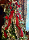 The Ellen Red & Sage Green Christmas Tree Topper Bow, Cottage style bow, bow topper for tree, long streamer bow, Red cardinal Christmas bow