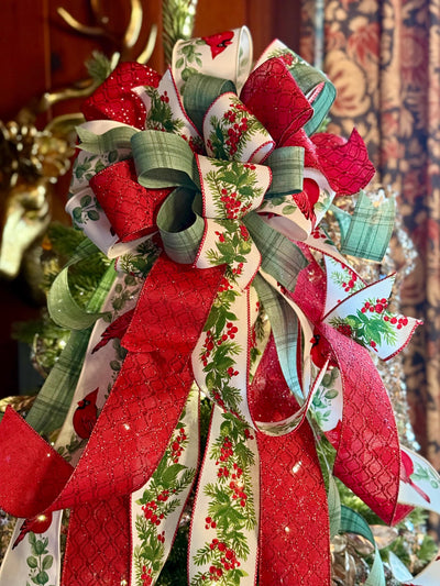 The Ellen Red & Sage Green Christmas Tree Topper Bow, Cottage style bow, bow topper for tree, long streamer bow, Red cardinal Christmas bow