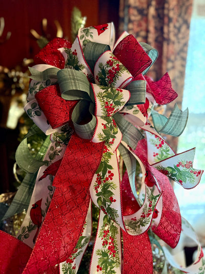 The Ellen Red & Sage Green Christmas Tree Topper Bow, Cottage style bow, bow topper for tree, long streamer bow, Red cardinal Christmas bow