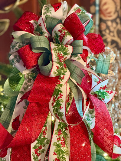 The Ellen Red & Sage Green Christmas Tree Topper Bow, Cottage style bow, bow topper for tree, long streamer bow, Red cardinal Christmas bow