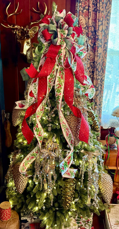 The Ellen Red & Sage Green Christmas Tree Topper Bow, Cottage style bow, bow topper for tree, long streamer bow, Red cardinal Christmas bow