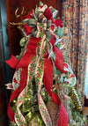 The Ellen Red & Sage Green Christmas Tree Topper Bow, Cottage style bow, bow topper for tree, long streamer bow, Red cardinal Christmas bow