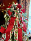 The Ellen Red & Sage Green Christmas Tree Topper Bow, Cottage style bow, bow topper for tree, long streamer bow, Red cardinal Christmas bow