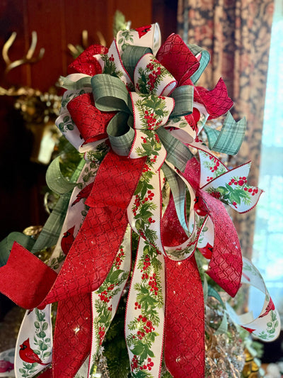 The Ellen Red & Sage Green Christmas Tree Topper Bow, Cottage style bow, bow topper for tree, long streamer bow, Red cardinal Christmas bow