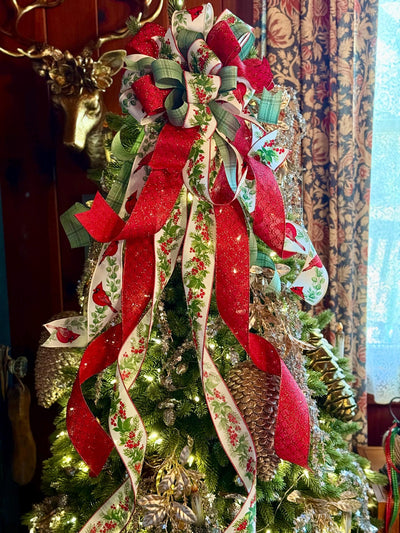 The Ellen Red & Sage Green Christmas Tree Topper Bow, Cottage style bow, bow topper for tree, long streamer bow, Red cardinal Christmas bow