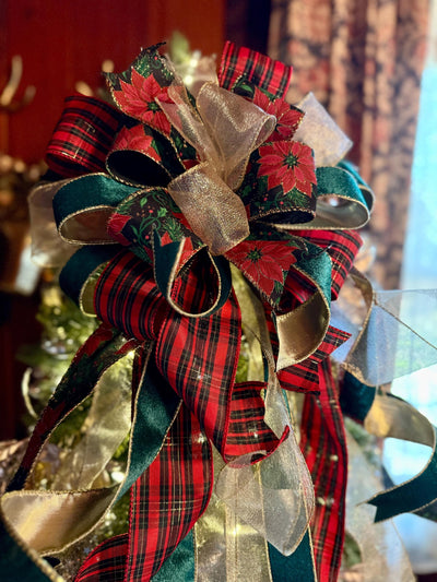 The Martina Red Green Black & gold Christmas Tree Topper Bow