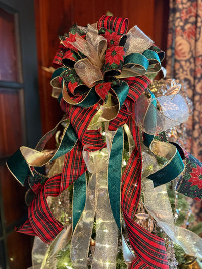 The Martina Red Green Black & gold Christmas Tree Topper Bow