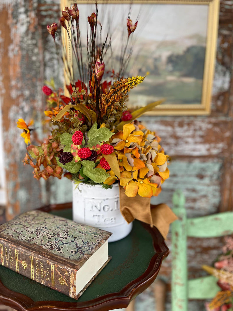 The Olive Fall Rustic Centerpiece For Table, orange & yellow fall arrangement, Sunflower Rustic arrangement, hydrangea autumn centerpiece