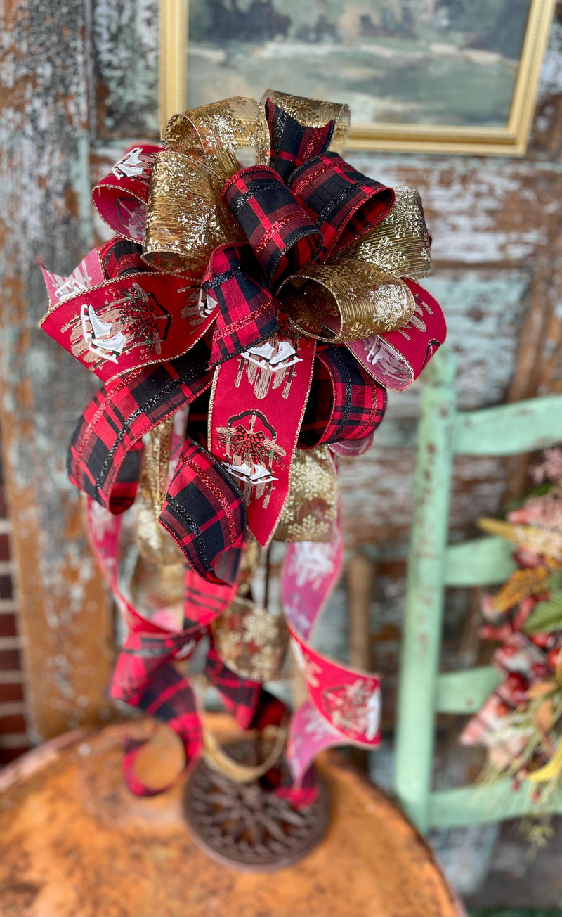 The Hannah Red Black & Gold Christmas Tree Topper Bow