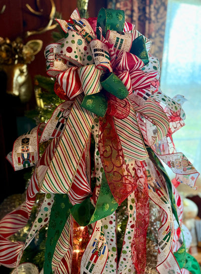 The Leopold Red & Green Nutcracker Christmas Tree Topper Bow