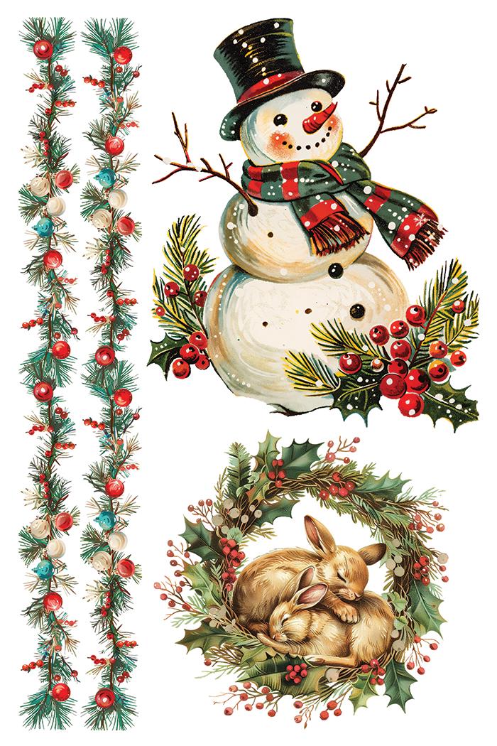 IOD Kitschy Christmas Rub On Transfer Sheet, Xmas Transfers for crafts, craft supply, Card embellishment, vintage Victorian flower transfer