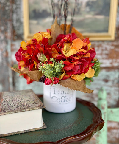 The Jessie Fall Rustic Centerpiece For Table, orange & yellow fall arrangement, Wildflower Rustic arrangement, hydrangea autumn centerpiece