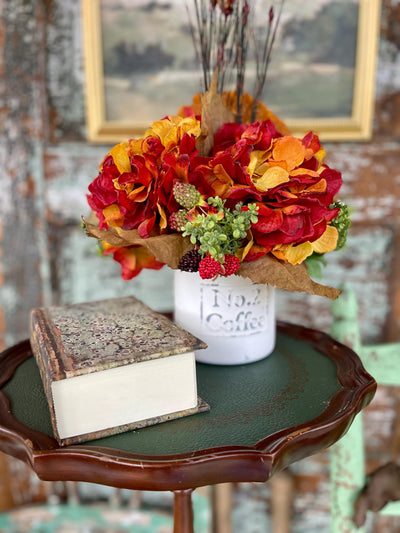 The Jessie Fall Rustic Centerpiece For Table, orange & yellow fall arrangement, Wildflower Rustic arrangement, hydrangea autumn centerpiece