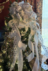 The Sylvia Silver Sage Green & White Christmas Tree Topper Bow