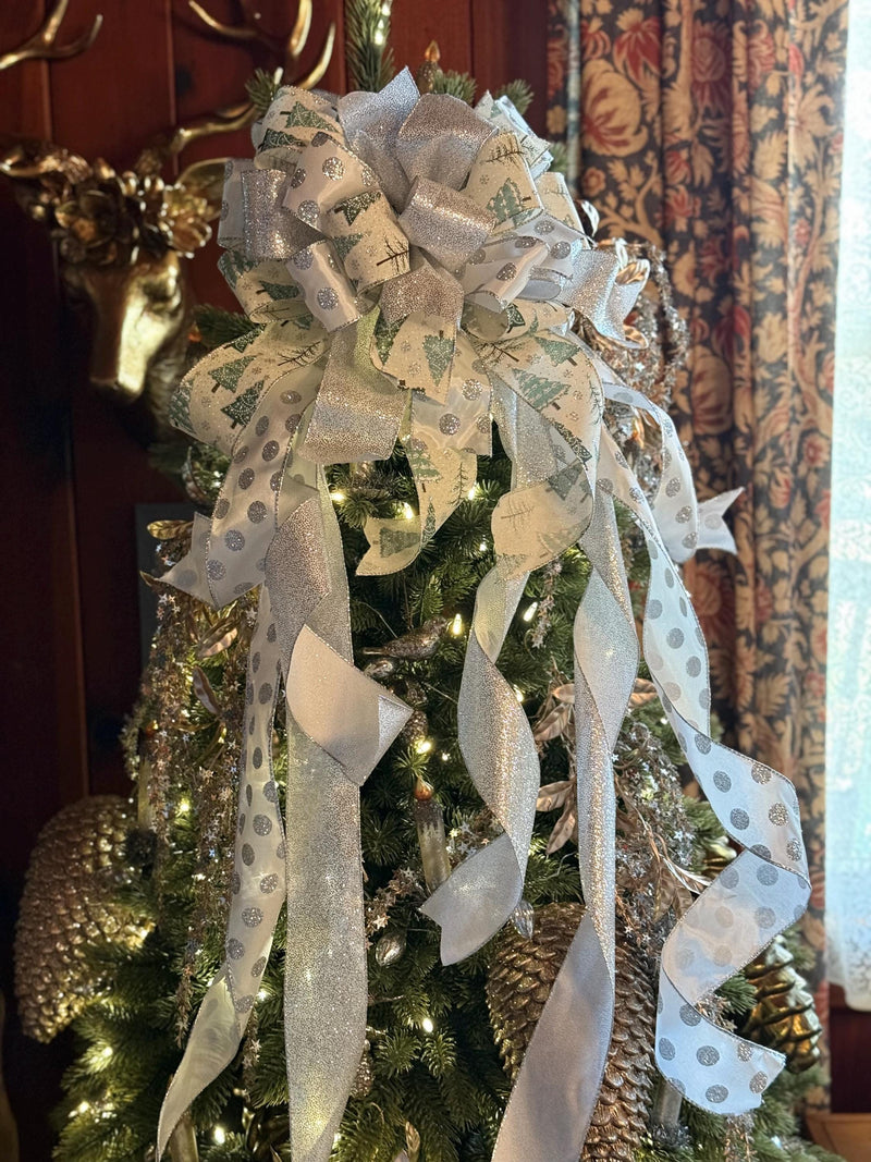 The Sylvia Silver Sage Green & White Christmas Tree Topper Bow