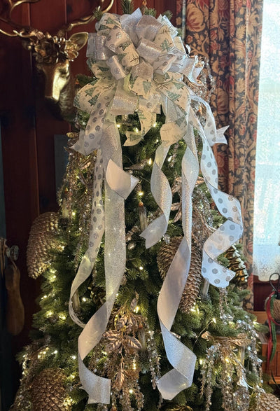 The Sylvia Silver Sage Green & White Christmas Tree Topper Bow