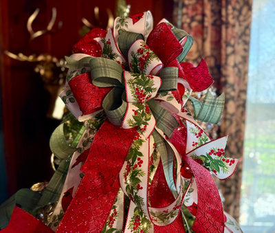 The Ellen Red & Sage Green Christmas Tree Topper Bow, Cottage style bow, bow topper for tree, long streamer bow, Red cardinal Christmas bow