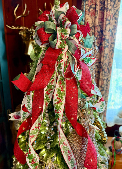 The Ellen Red & Sage Green Christmas Tree Topper Bow, Cottage style bow, bow topper for tree, long streamer bow, Red cardinal Christmas bow