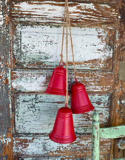 Distressed Red Metal Hanging Bell Cluster