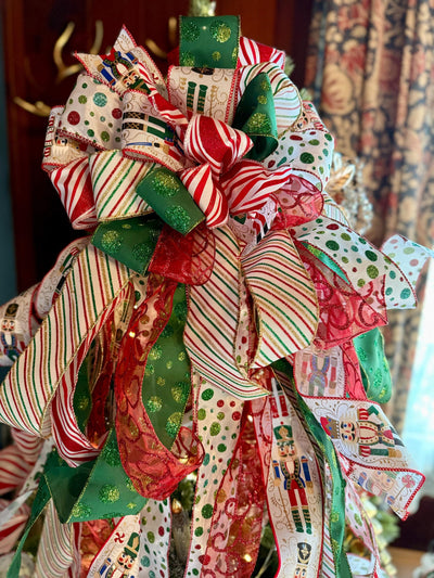 The Leopold Red & Green Nutcracker Christmas Tree Topper Bow