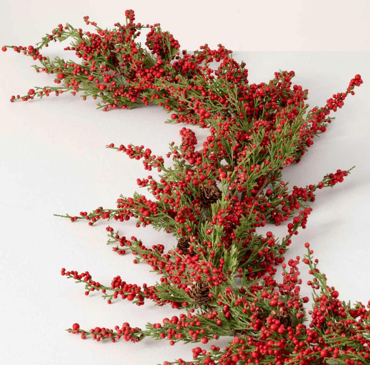 5 Foot Cedar Pine Red Berry Christmas Garland, holiday greenery swag, wreath making supply, winter farmhouse decor, holiday cottage decor