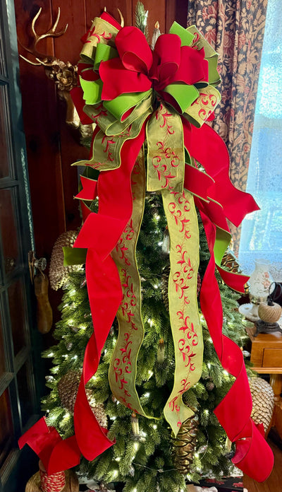 The Marilee Red & Green Velvet Christmas Tree Topper Bow